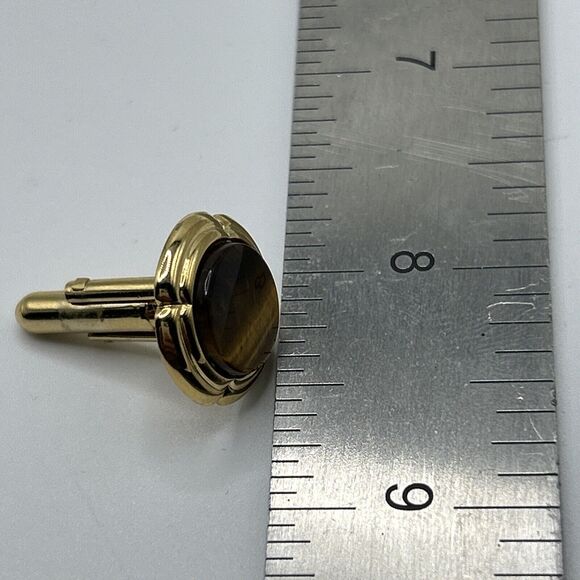 Tiger Eye Cuff Links Brown Gold Tone Round Unsigned - Picture 9 of 9